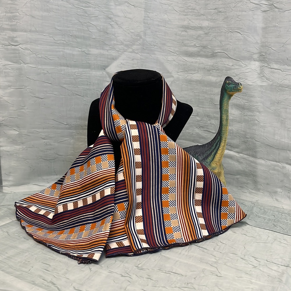 Vintage Earthy Color Motif Geometric Design Neck Tie Scarf